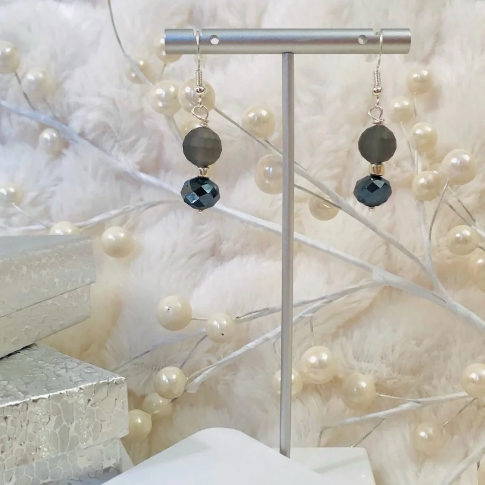 Sterling Silver Earrings Matte Grey Genuine Crystal Modern  Chic French Chic - Picture 13 of 13